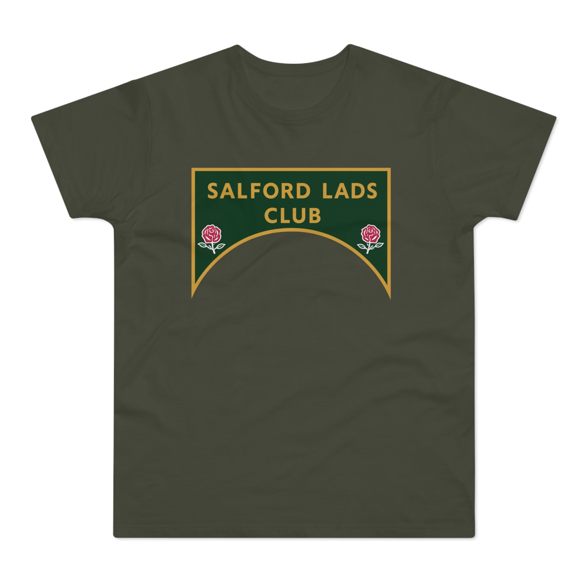 Dark green t-shirt with a yellow-bordered crest featuring "SALFORD LADS CLUB" and two roses.