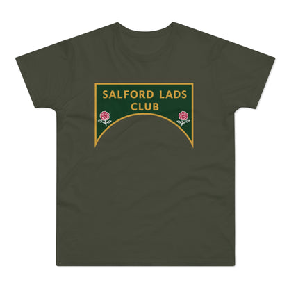 Dark green t-shirt with a yellow-bordered crest featuring "SALFORD LADS CLUB" and two roses.