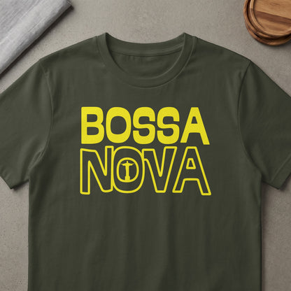 Dark green t-shirt with yellow "BOSSA NOVA" text and Christ the Redeemer icon.