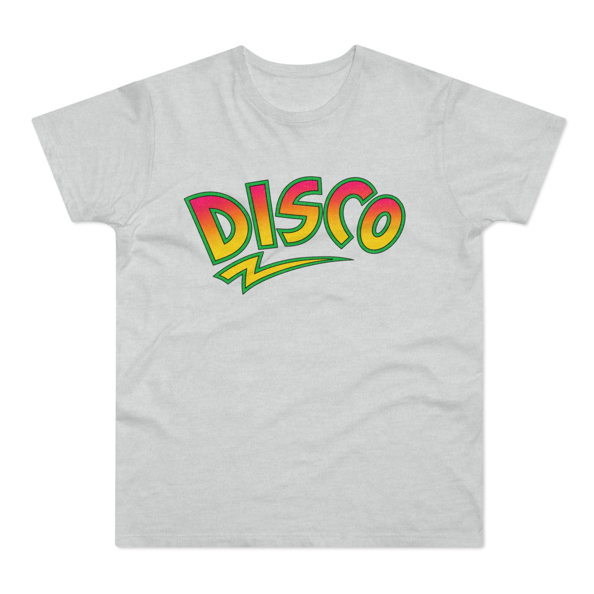 Light grey t-shirt with "DISCO" text in colorful gradient and green outline.