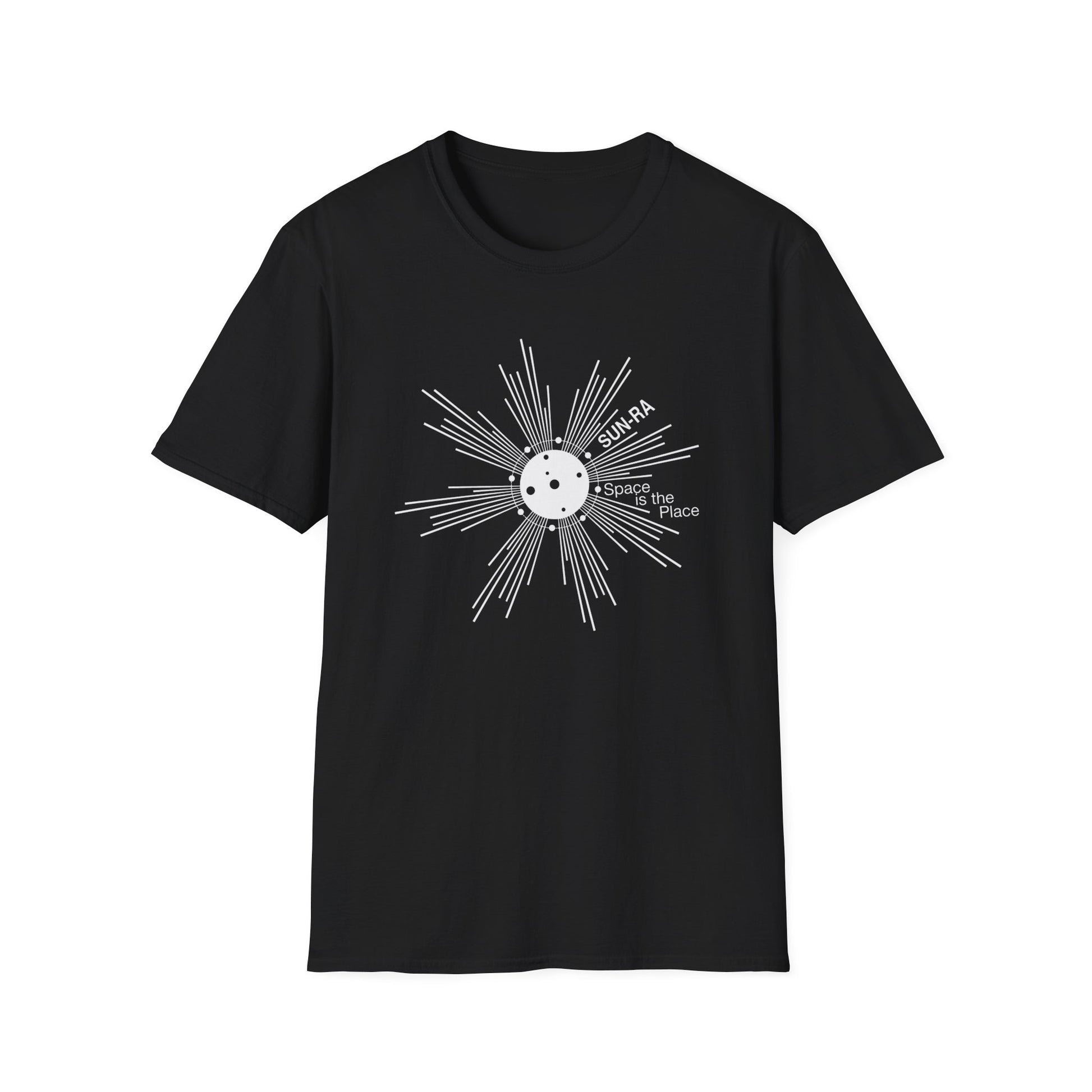 Black t-shirt with Sun-Ra Space is the Place graphic design.