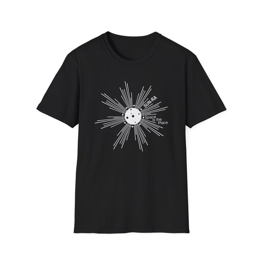 Black t-shirt with Sun-Ra Space is the Place graphic design.