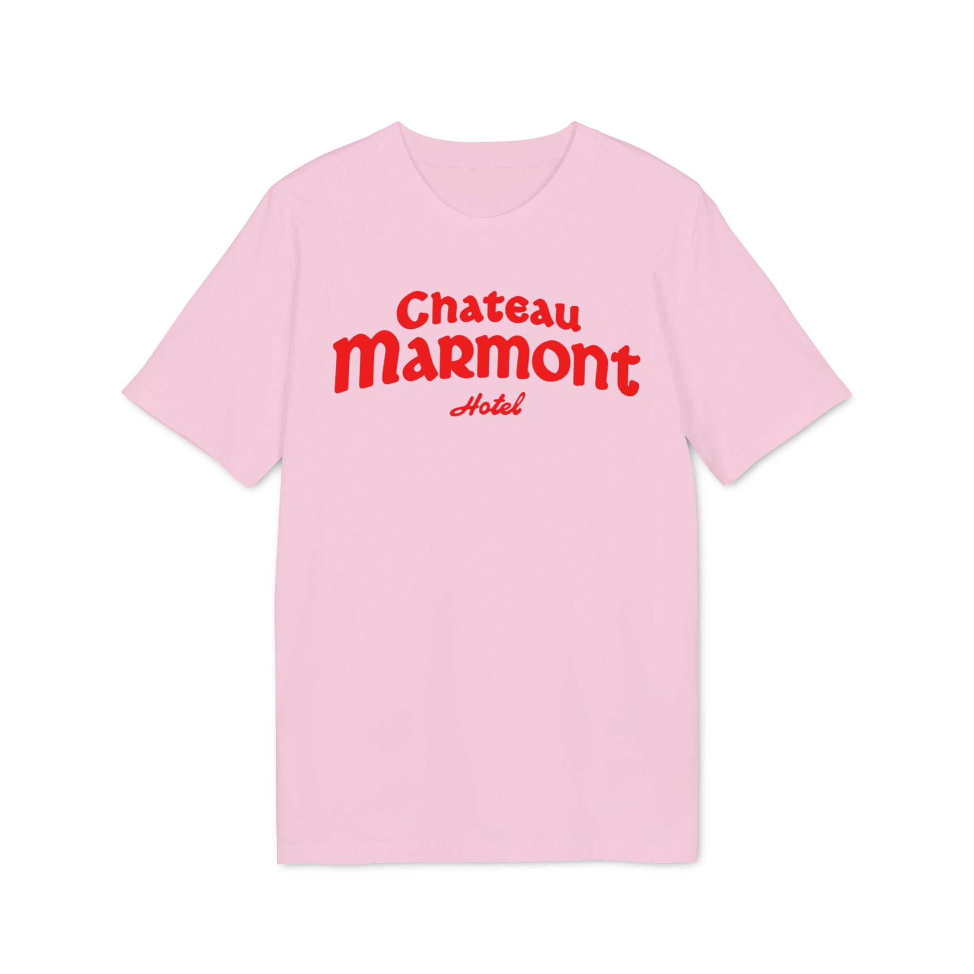 Pink t-shirt with red "Chateau Marmont Hotel" text.