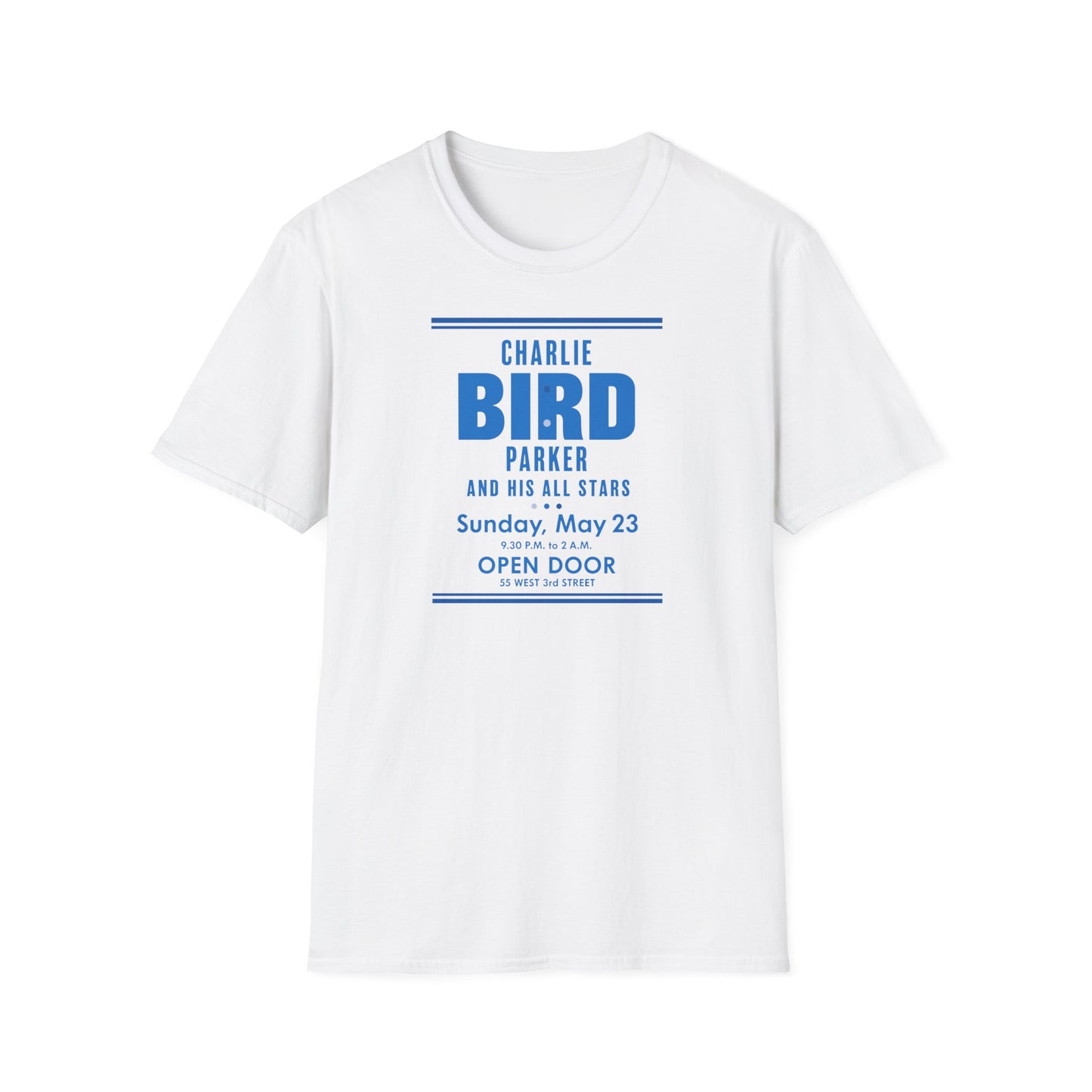 White t-shirt with Charlie "Bird" Parker and His All Stars event details.