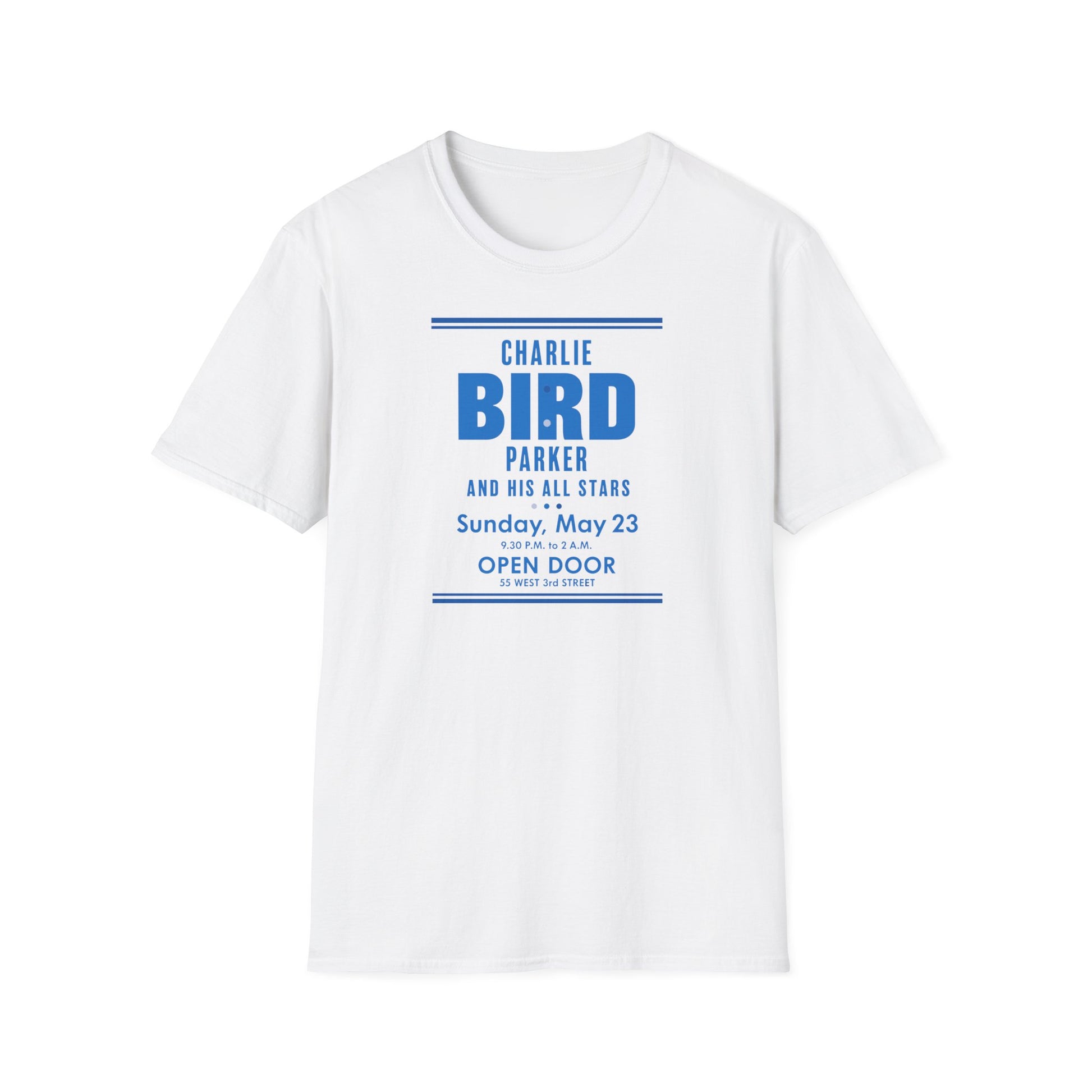 White t-shirt with Charlie "Bird" Parker and His All Stars event details.