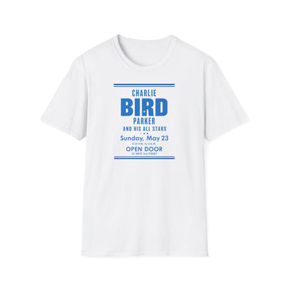 White t-shirt with Charlie "Bird" Parker and His All Stars event details.