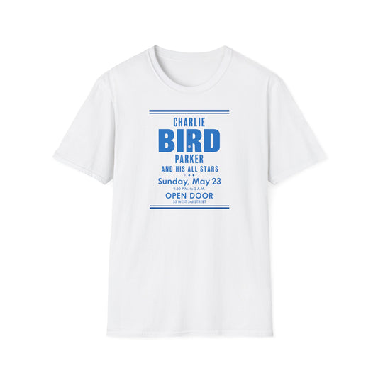 White t-shirt with Charlie "Bird" Parker and His All Stars event details.