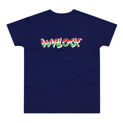 Navy t-shirt with colorful "WARLOCK" text.