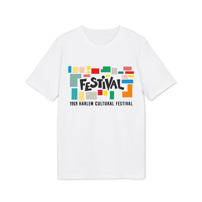 White t-shirt with colorful geometric blocks and "FESTIVAL 1969 Harlem Cultural Festival" text.