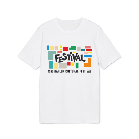 White t-shirt with colorful geometric blocks and "FESTIVAL 1969 Harlem Cultural Festival" text.