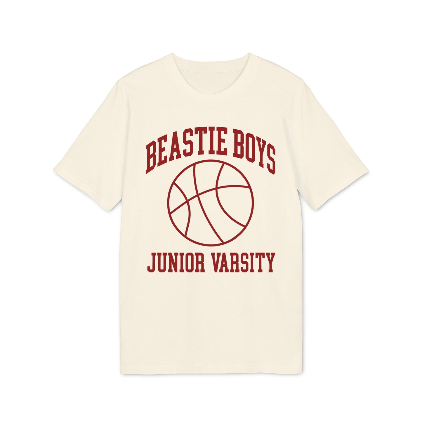 Cream t-shirt with "BEASTIE BOYS JUNIOR VARSITY" text and basketball graphic.