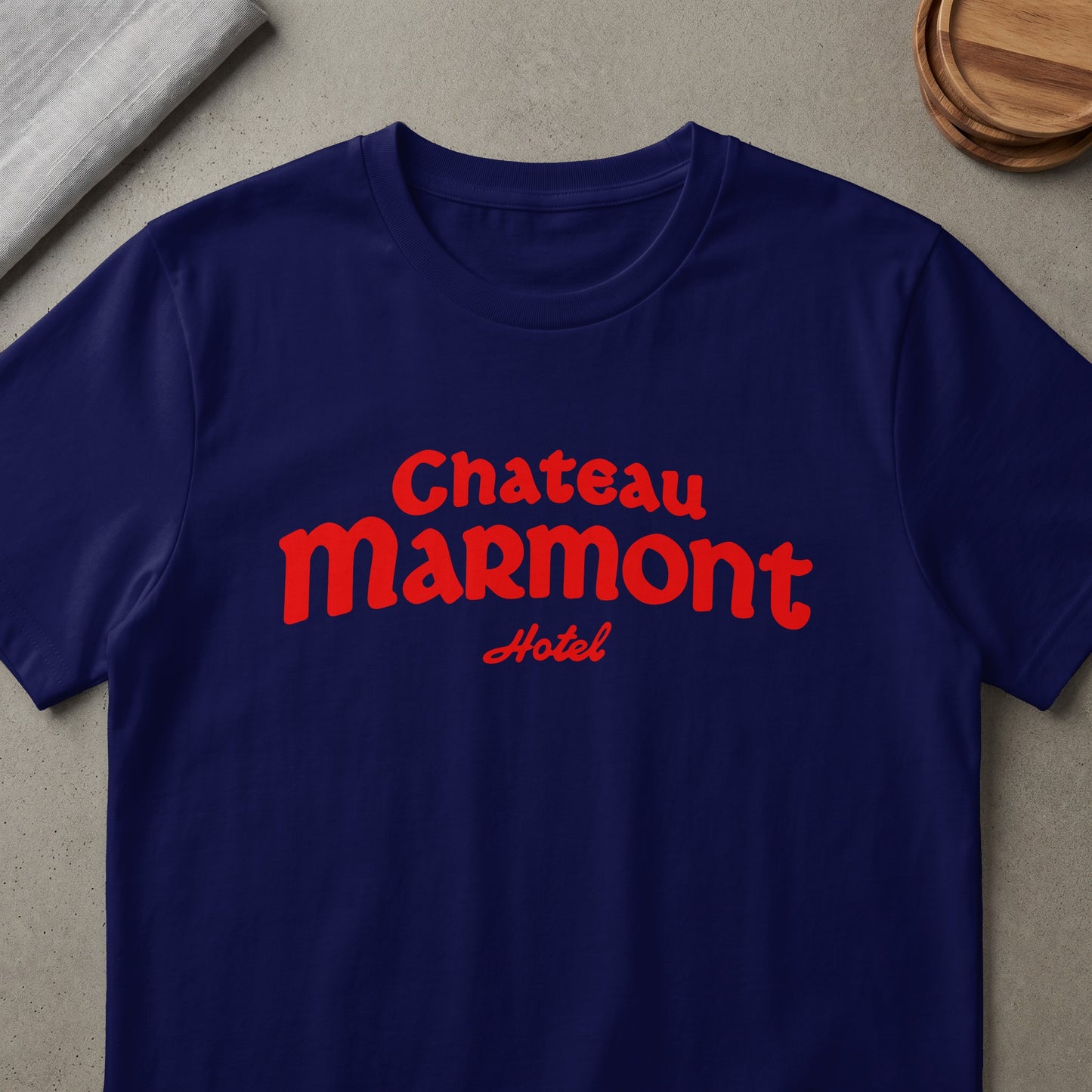 Navy t-shirt with red Chateau Marmont Hotel text.
