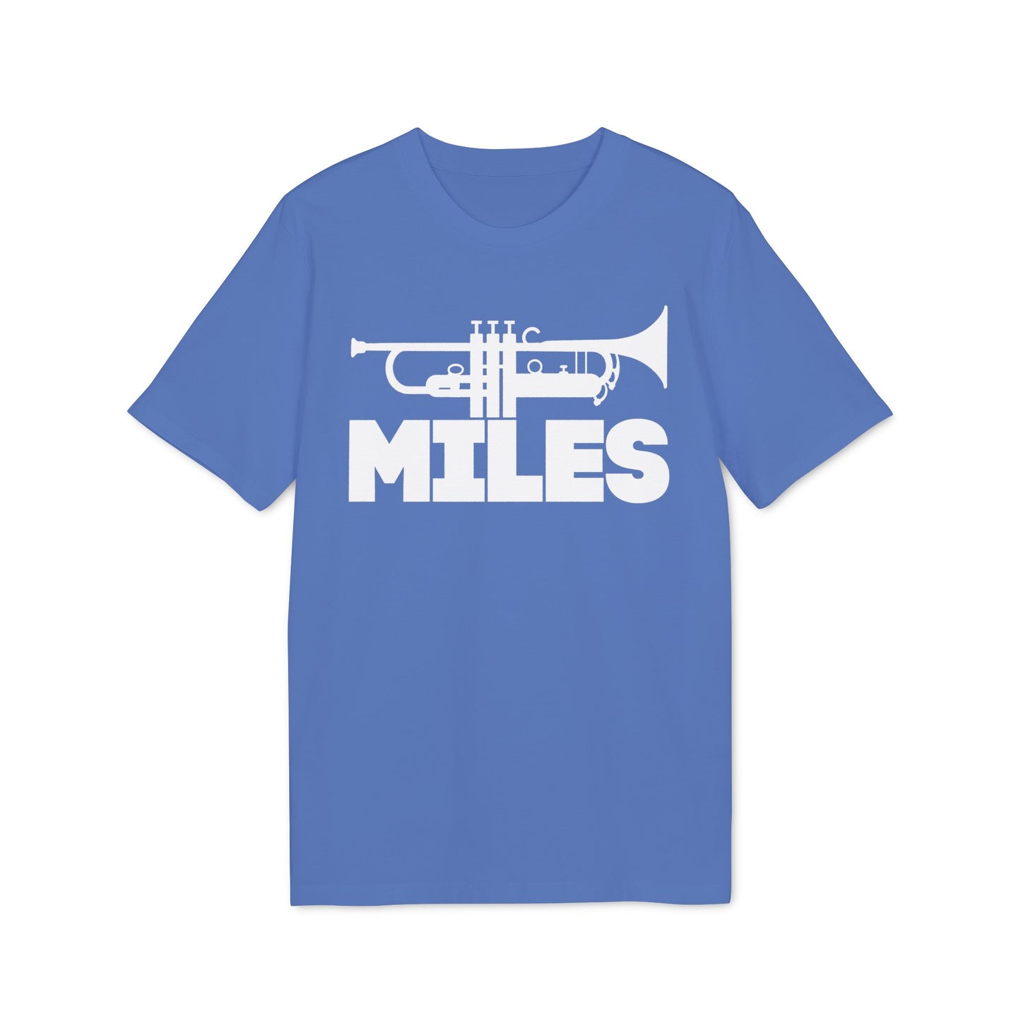 Blue t-shirt with white graphic of trumpet and the word "MILES".