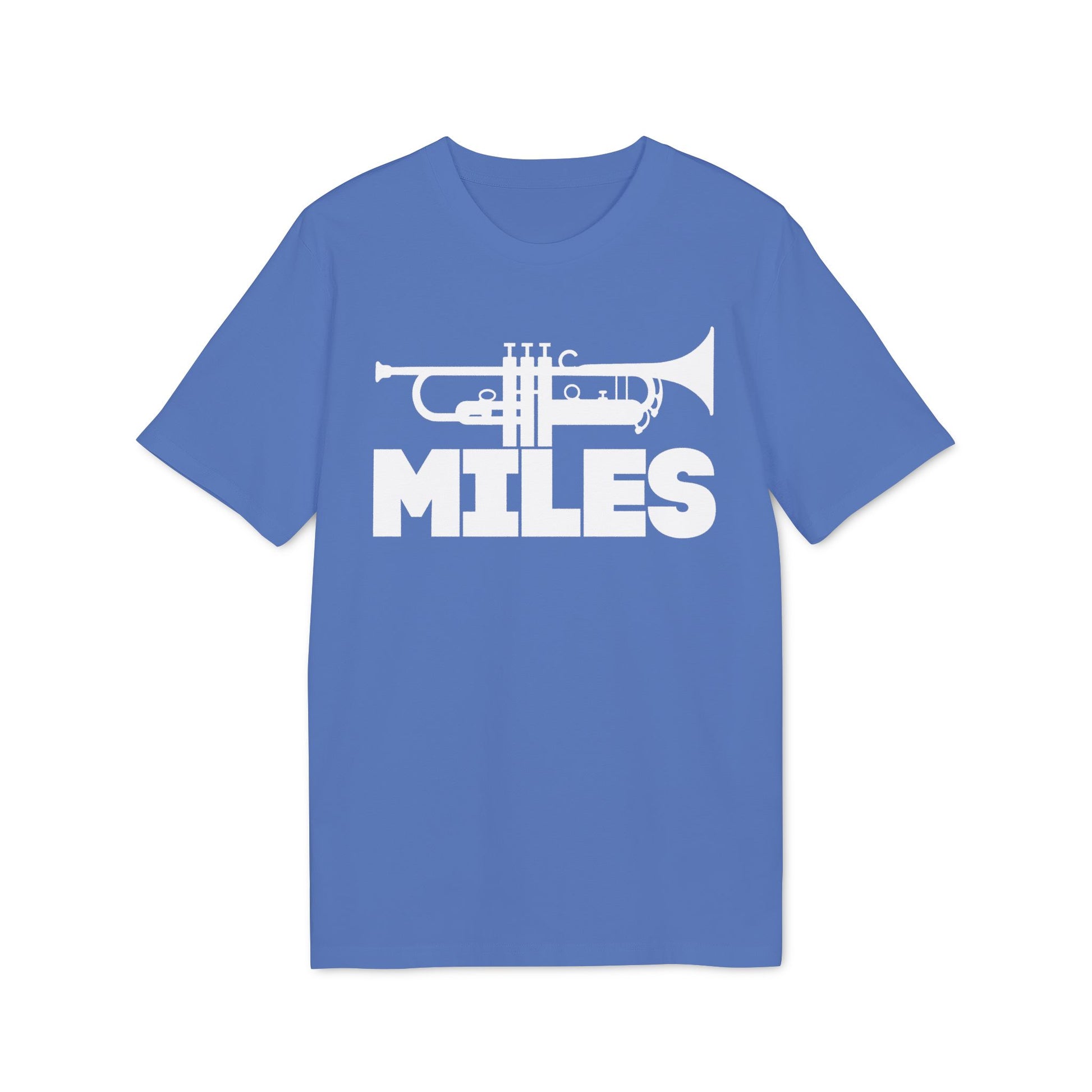 Blue t-shirt with white graphic of trumpet and the word "MILES".