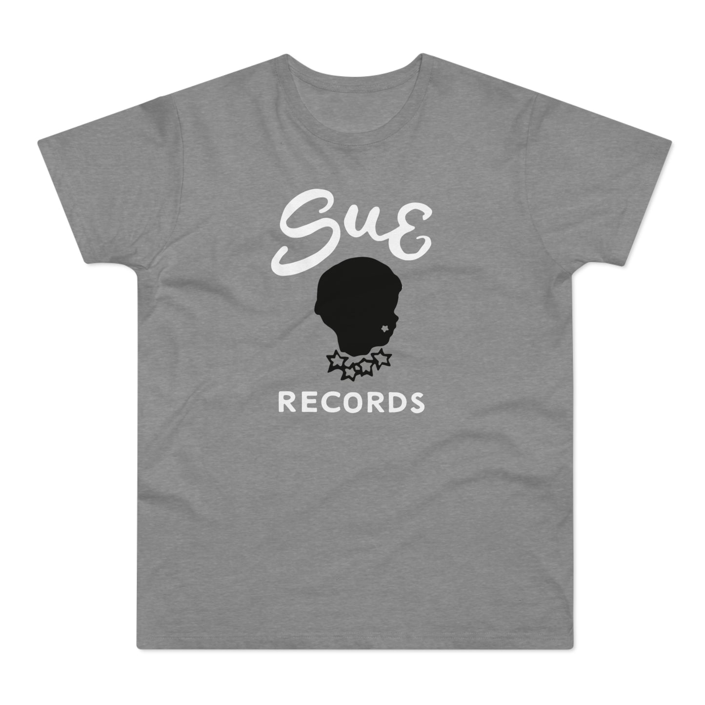 Grey t-shirt with white "Sue Records" text and a black head silhouette logo.
