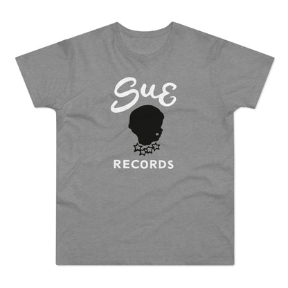 Grey t-shirt with white "Sue Records" text and a black head silhouette logo.