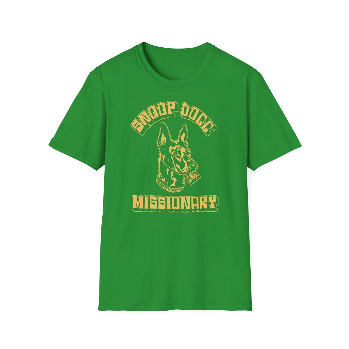Green t-shirt with yellow "Snoop Dogg Missionary" text and dog head graphic.