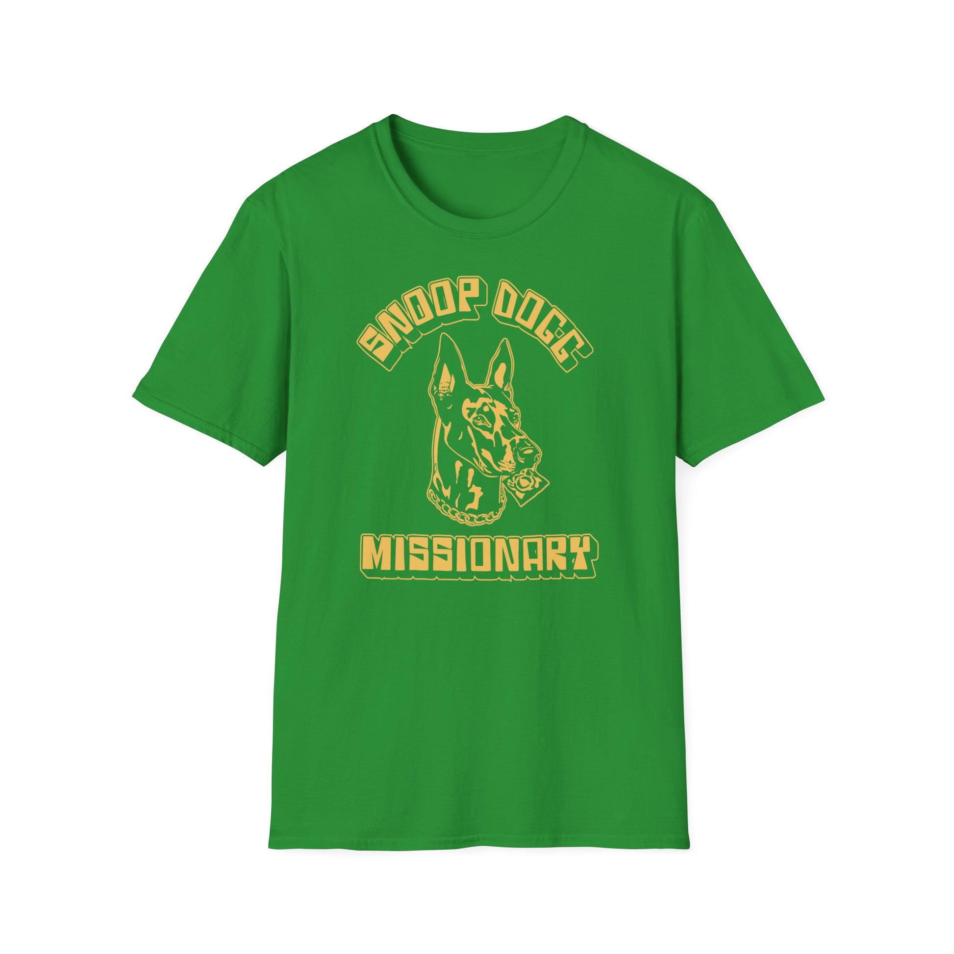 Green t-shirt with yellow "Snoop Dogg Missionary" text and dog head graphic.