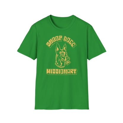 Green t-shirt with yellow "Snoop Dogg Missionary" text and dog head graphic.
