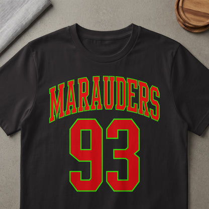 Black t-shirt with red and green "Marauders 93" text design.