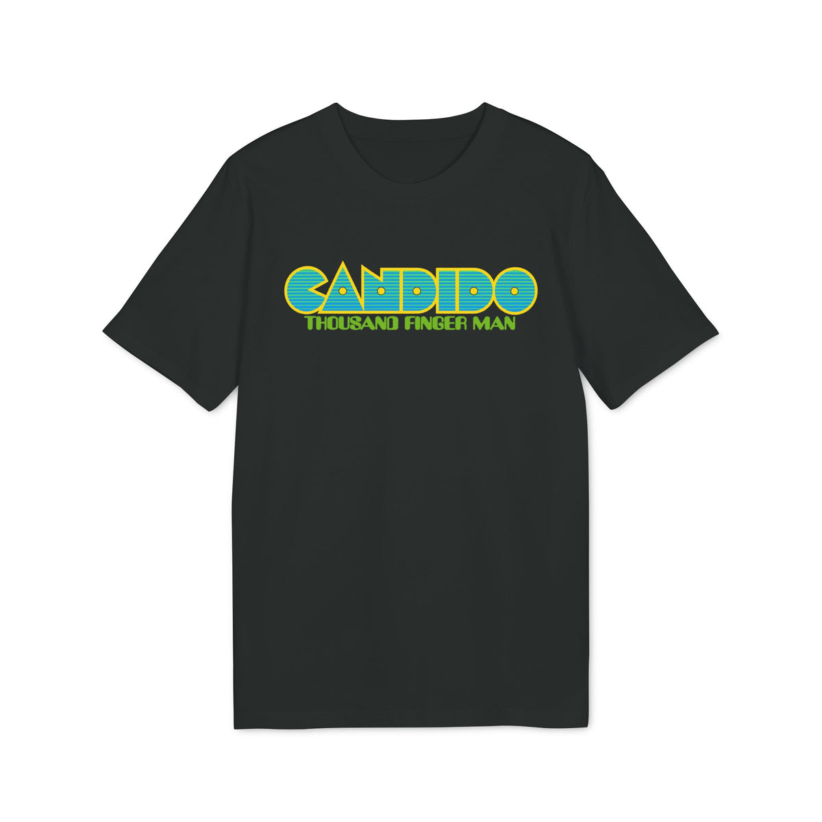 Black t-shirt with "CANDIDO THOUSAND FINGER MAN" text graphic.