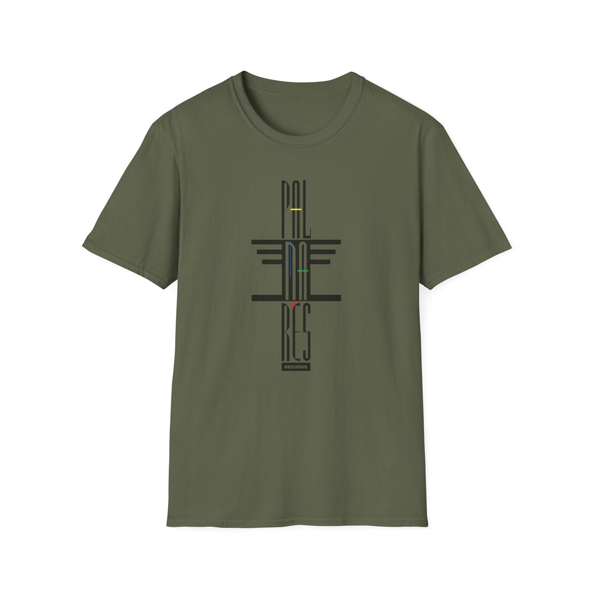 Olive green t-shirt with abstract black and colored graphic text "PAL RES RECORDS".