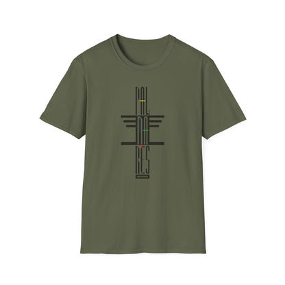 Olive green t-shirt with abstract black and colored graphic text "PAL RES RECORDS".