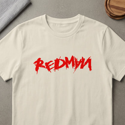 Cream t-shirt with red "REDMYN" text graphic.