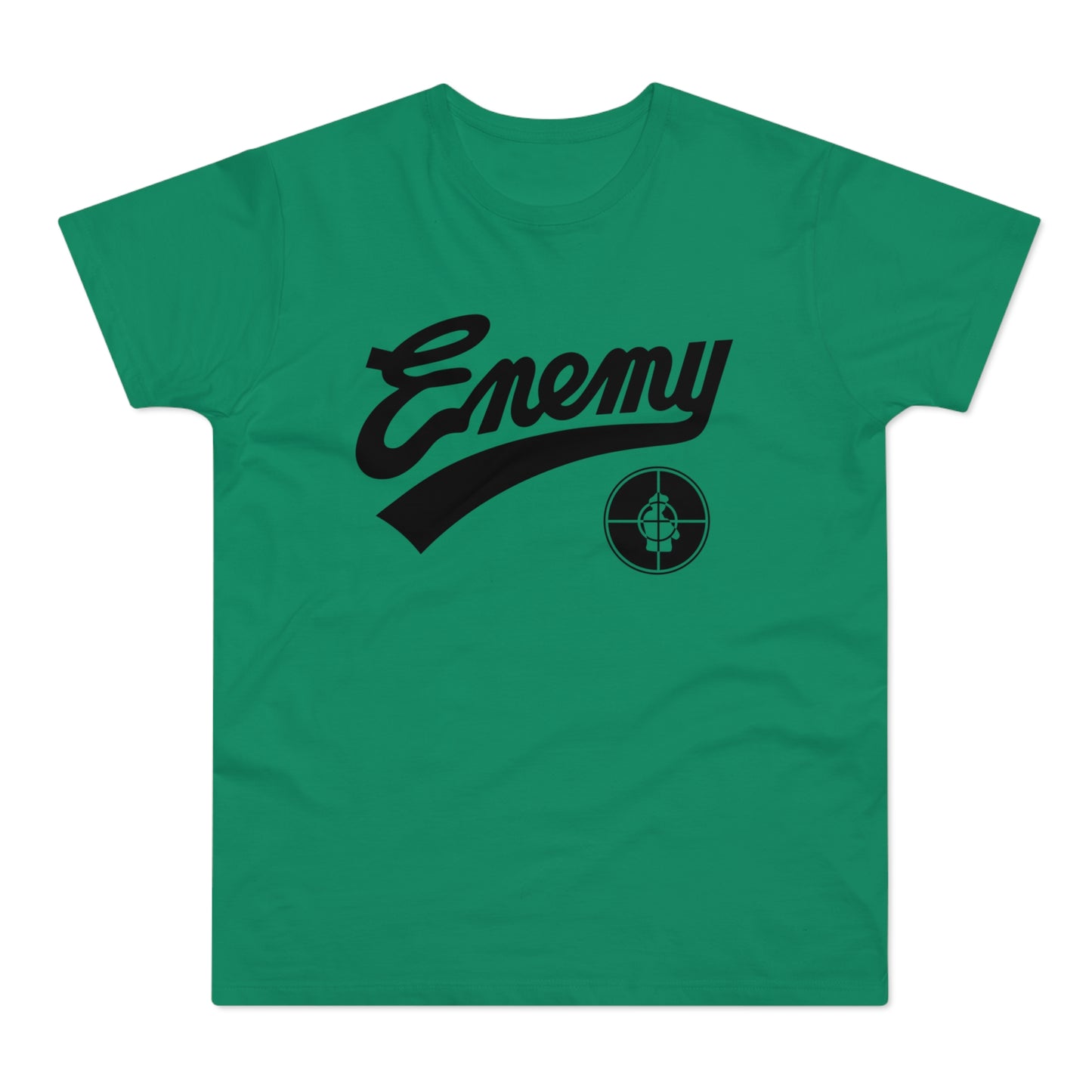 Green t-shirt with black "Enemy" graphic and a target symbol.