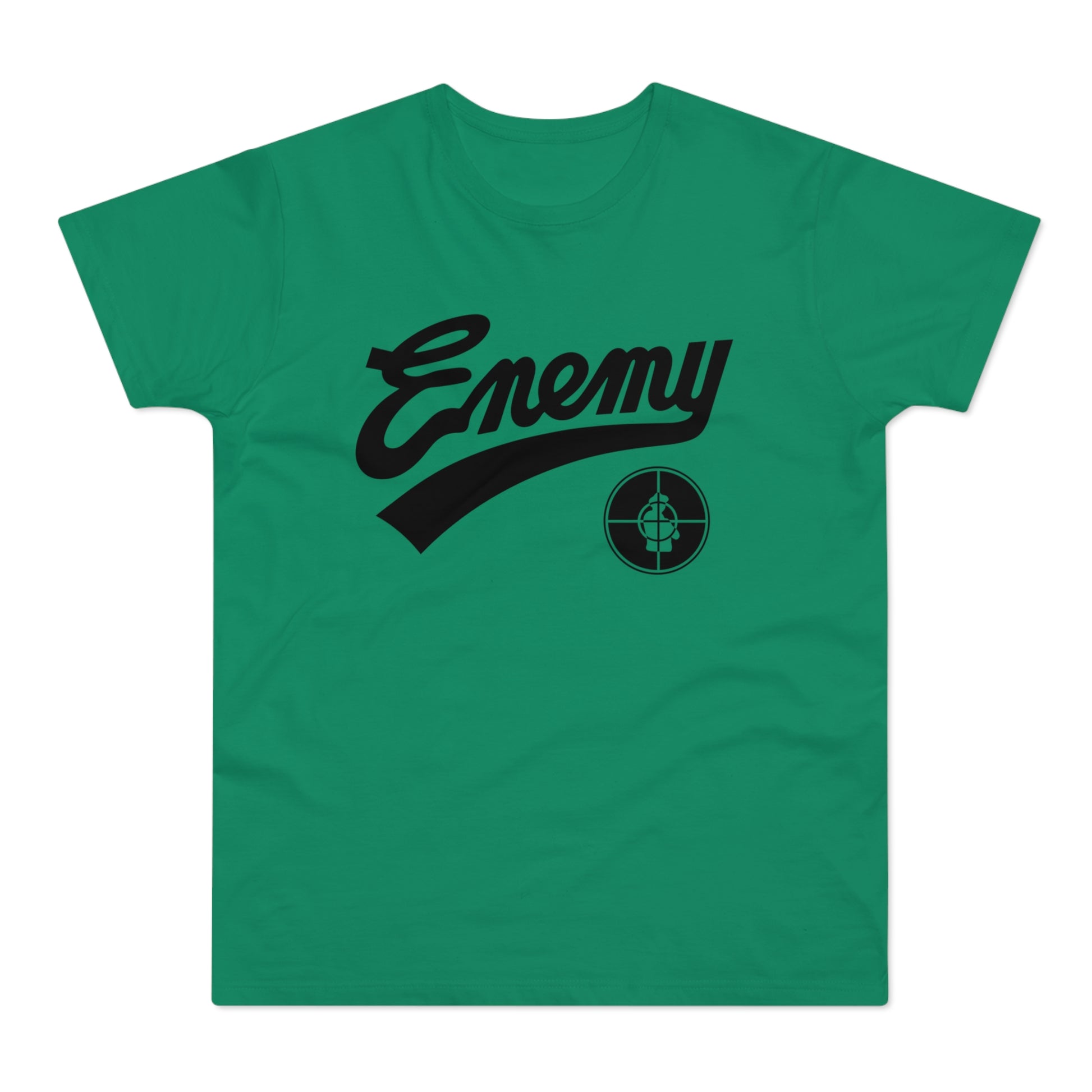 Green t-shirt with black "Enemy" graphic and a target symbol.