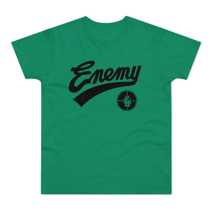Green t-shirt with black "Enemy" graphic and a target symbol.
