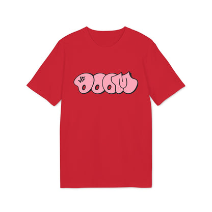 Red t-shirt with pink "MF DOOM" graffiti-style text across the chest.