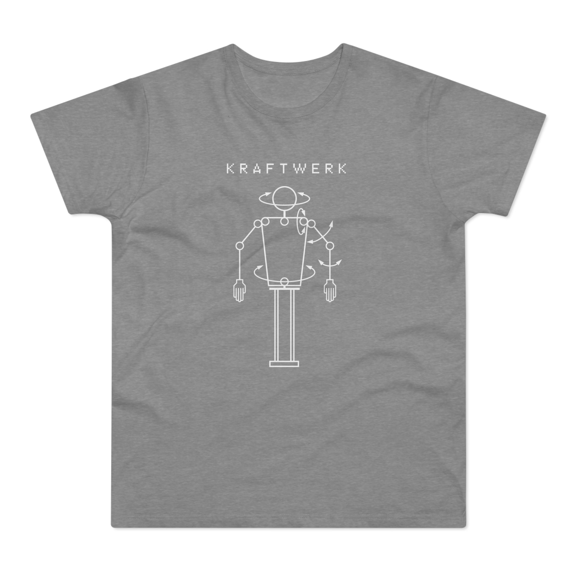 Kraftwerk logo on a grey t-shirt featuring a white outline of a robot with rotating joints.