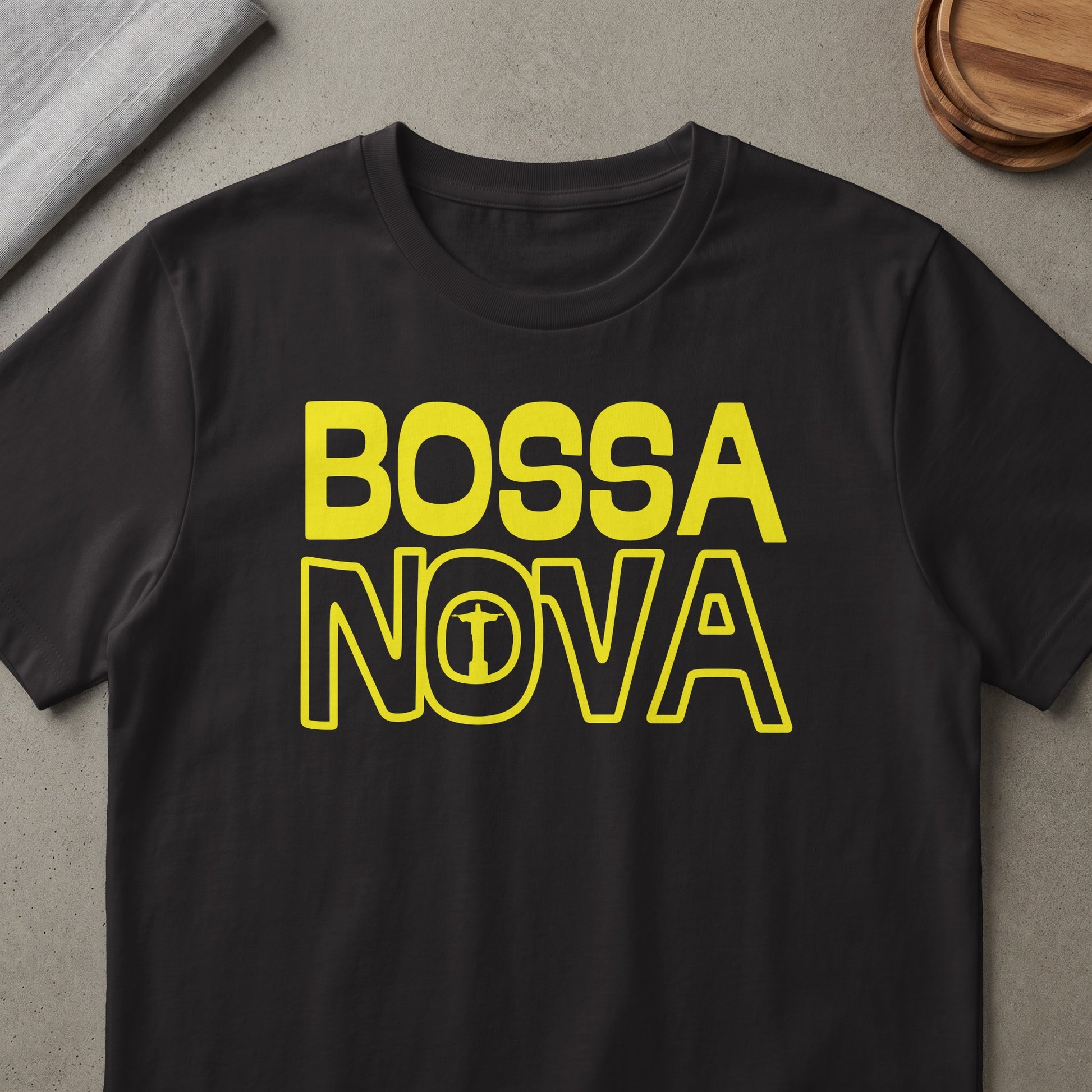 Black t-shirt with yellow "BOSSA NOVA" text featuring the Christ the Redeemer statue on the O.