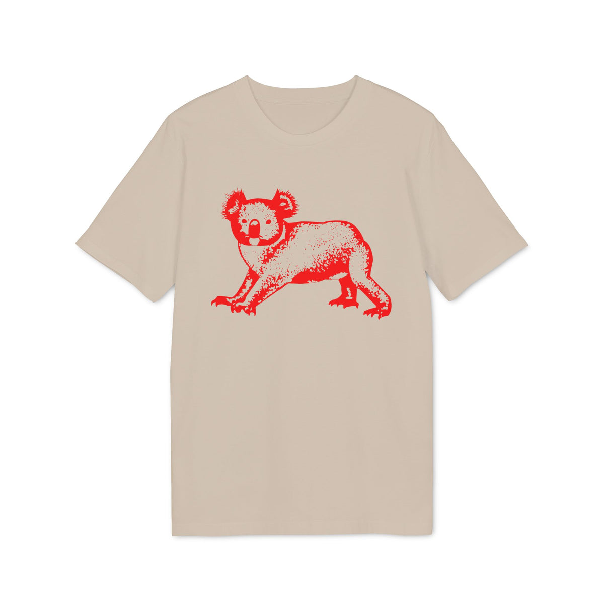 Tan t-shirt with a red graphic of a koala in a walking pose.