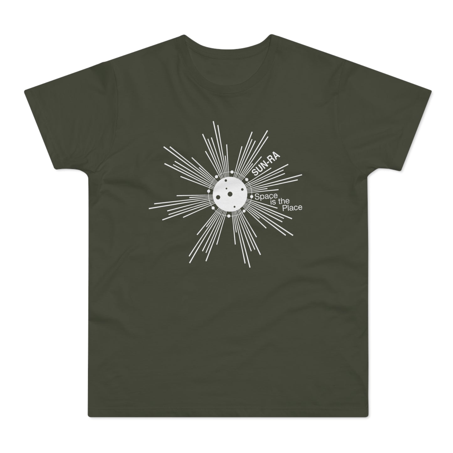 Dark green t-shirt with white SUN-RA graphic and text "Space is the Place".
