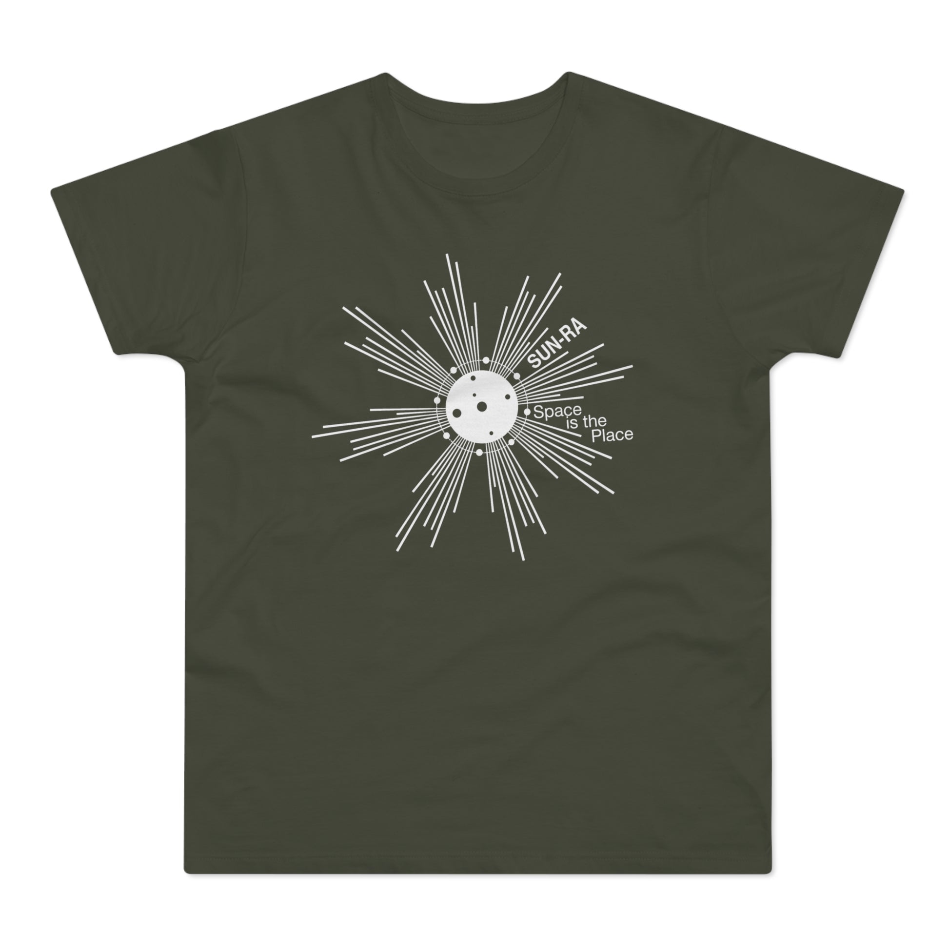 Dark green t-shirt with white SUN-RA graphic and text "Space is the Place".