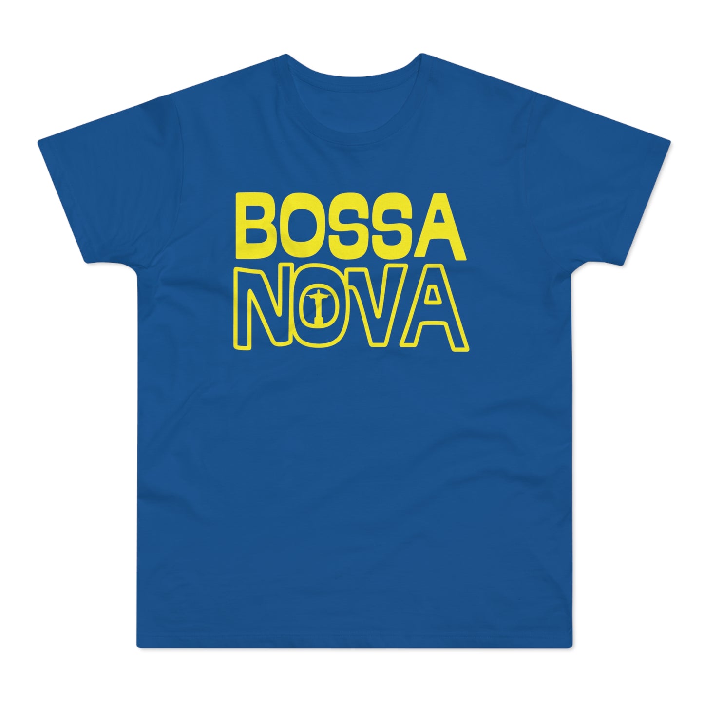 Blue crew neck t-shirt with yellow "BOSSA NOVA" text and Christ the Redeemer silhouette.