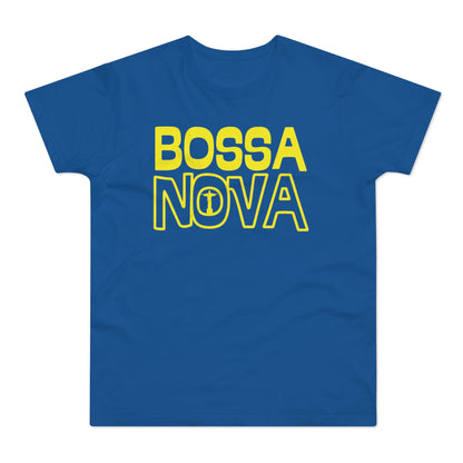 Blue crew neck t-shirt with yellow "BOSSA NOVA" text and Christ the Redeemer silhouette.