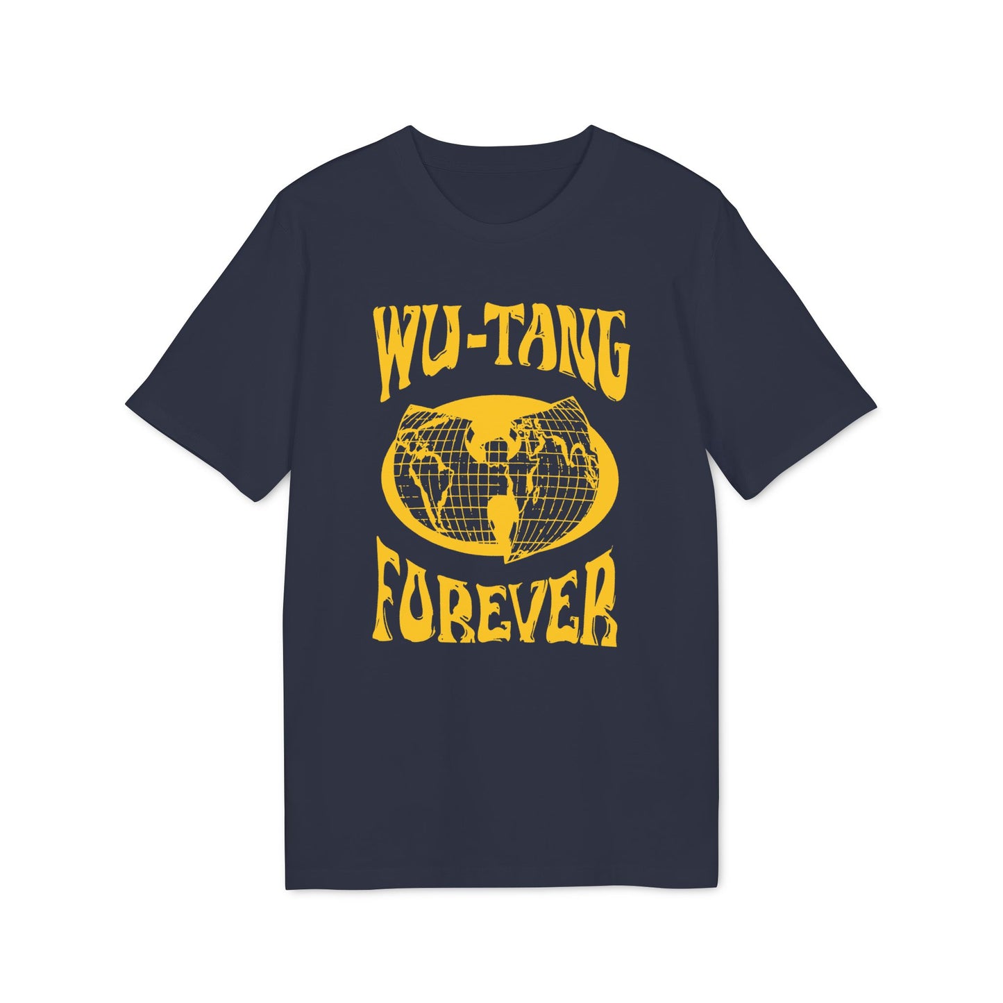 Dark blue t-shirt with yellow "Wu-Tang Forever" text and globe graphic.