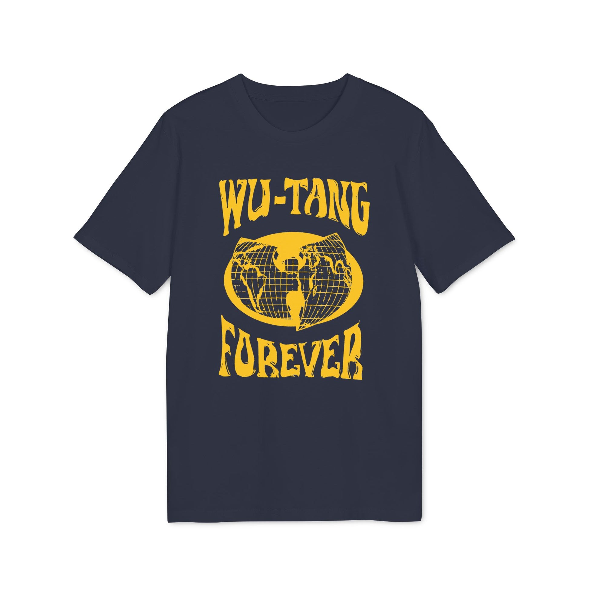 Dark blue t-shirt with yellow "Wu-Tang Forever" text and globe graphic.