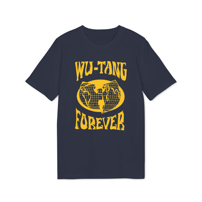 Dark blue t-shirt with yellow "Wu-Tang Forever" text and globe graphic.