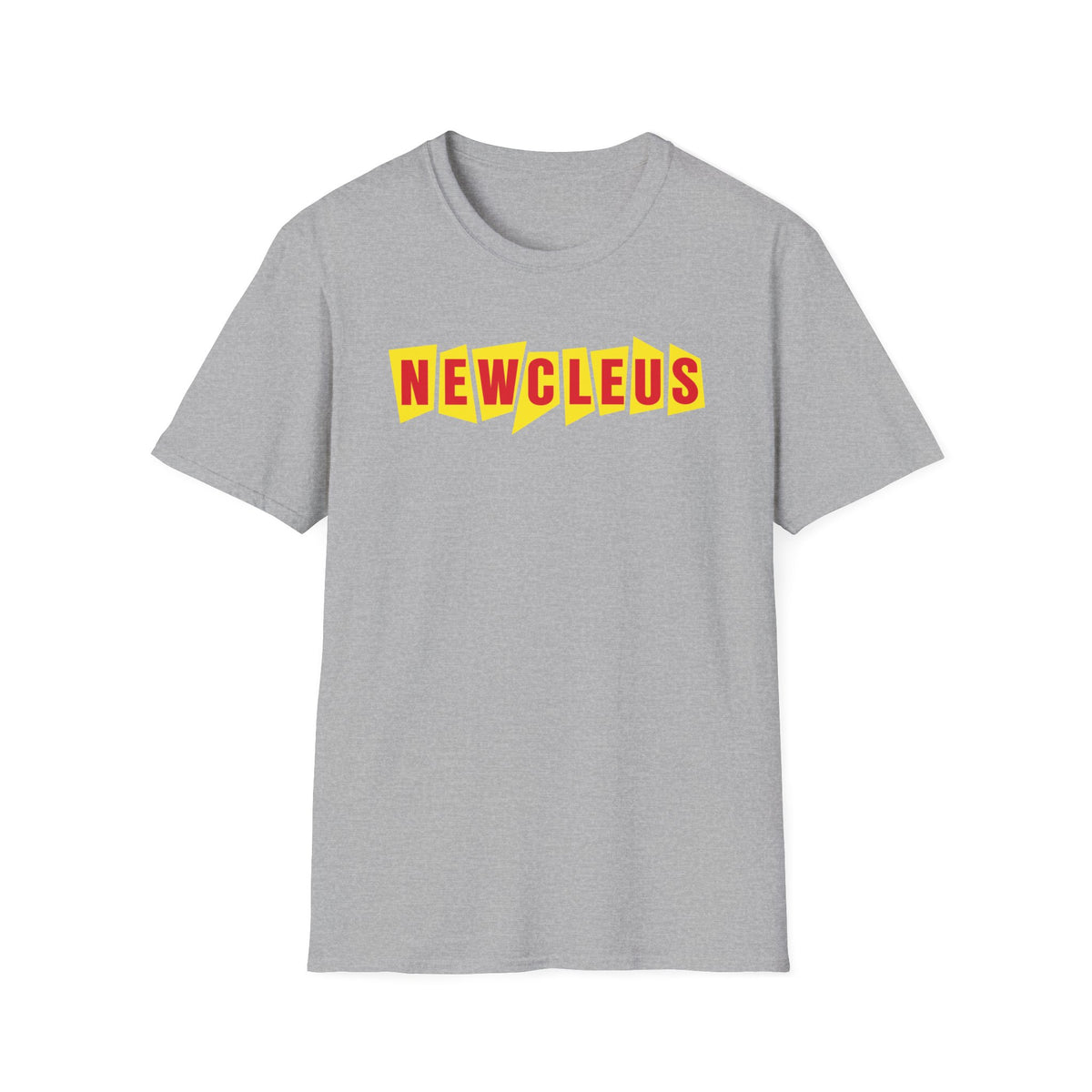 Grey t-shirt with red and yellow "NEWCLEUS" text in a zigzag pattern.