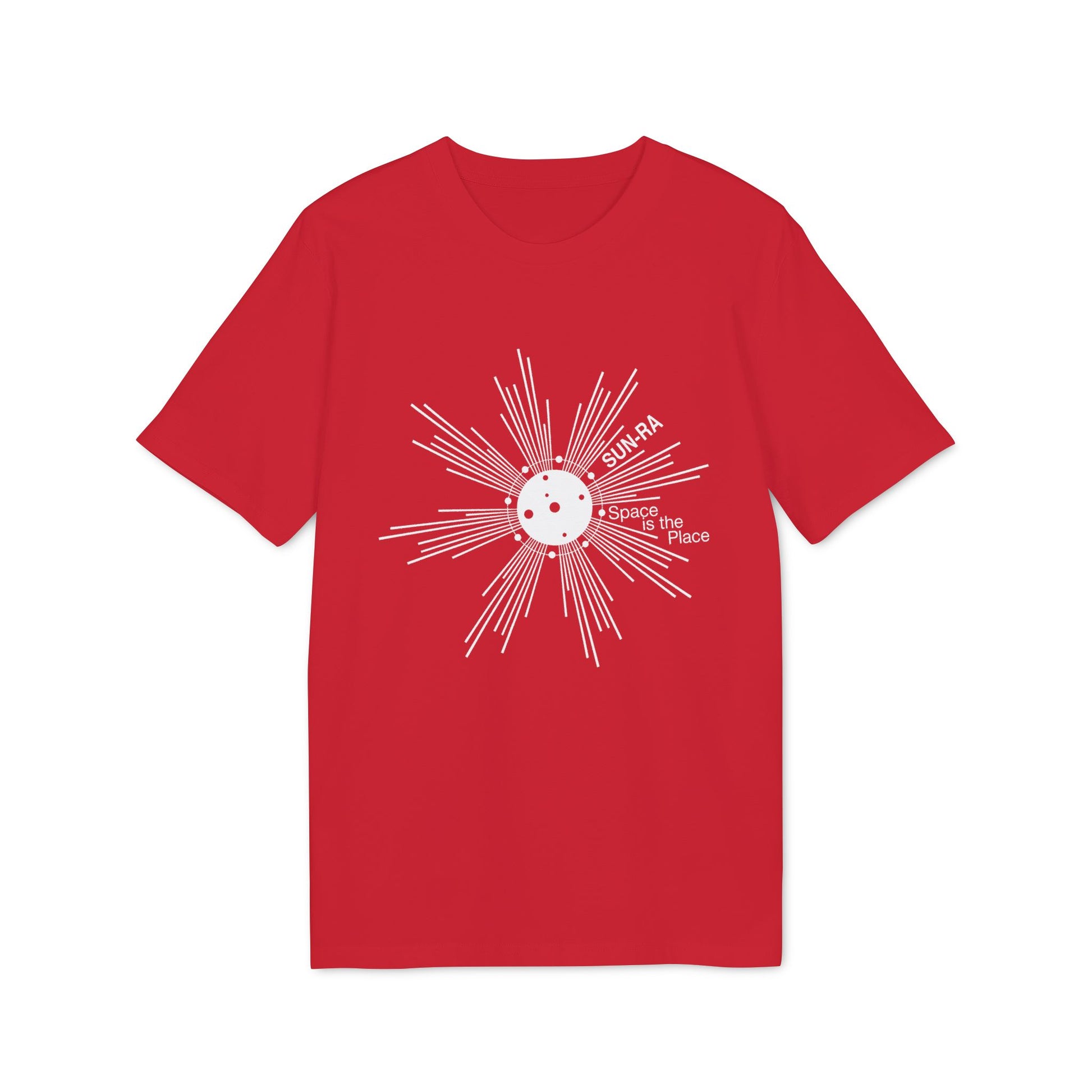 Red t-shirt with white Sun-Ra graphic and "Space is the place" text.