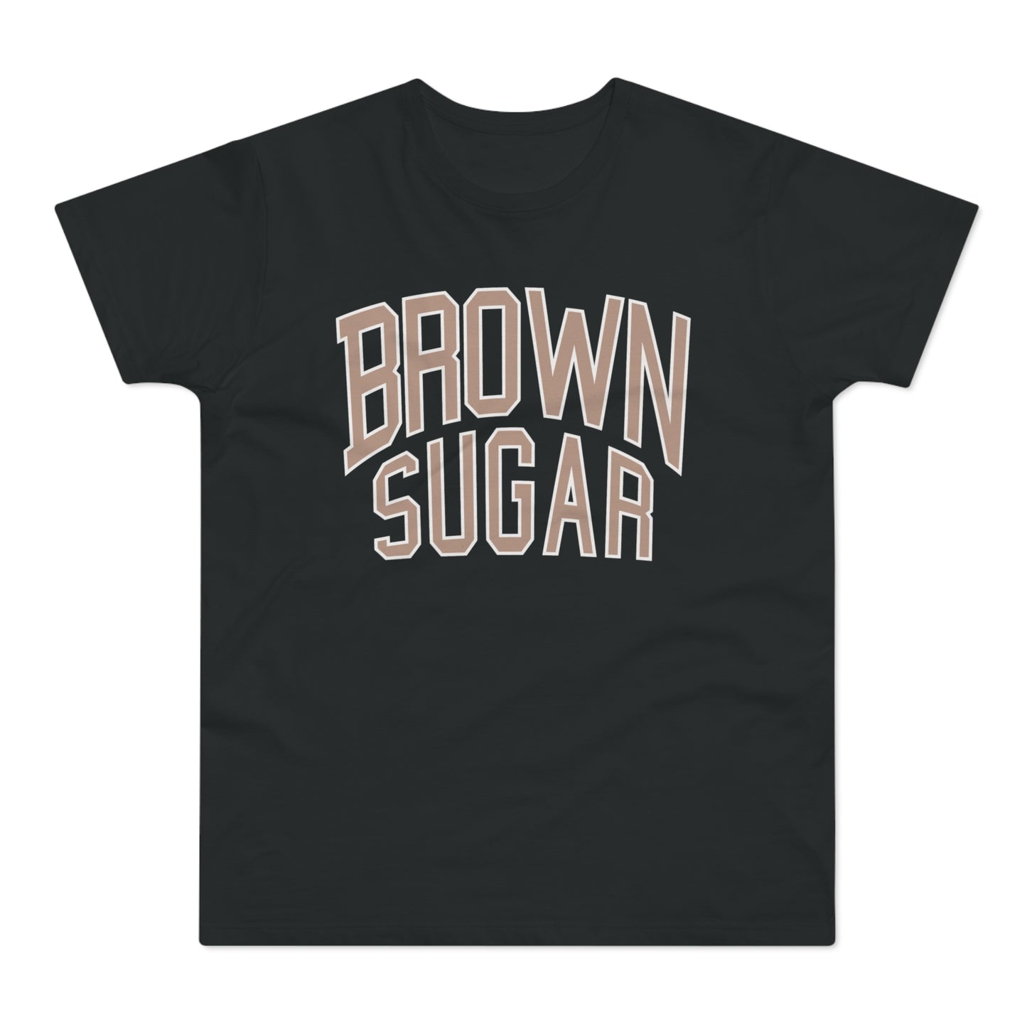 Black t-shirt with "BROWN SUGAR" text in a collegiate font.