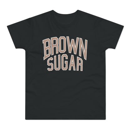Black t-shirt with "BROWN SUGAR" text in a collegiate font.