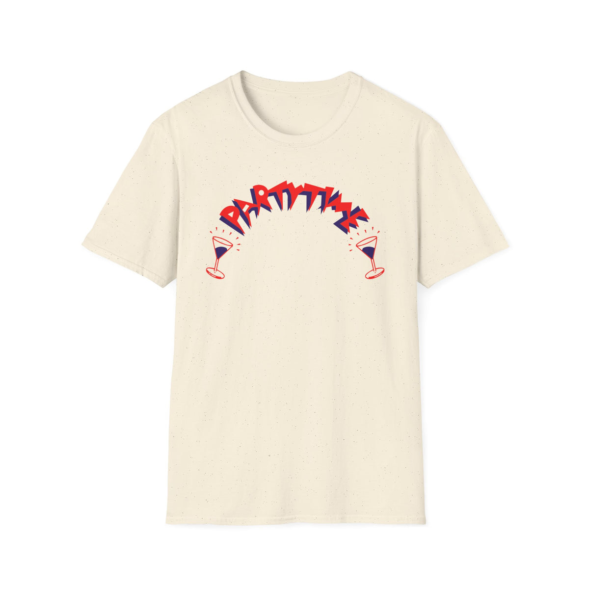 Cream t-shirt with red and blue "PARTY TIME" text and martini glasses graphic.