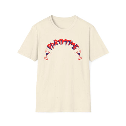 Cream t-shirt with red and blue "PARTY TIME" text and martini glasses graphic.