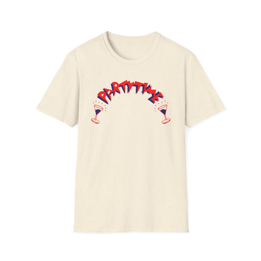 Cream t-shirt with red and blue "PARTY TIME" text and martini glasses graphic.