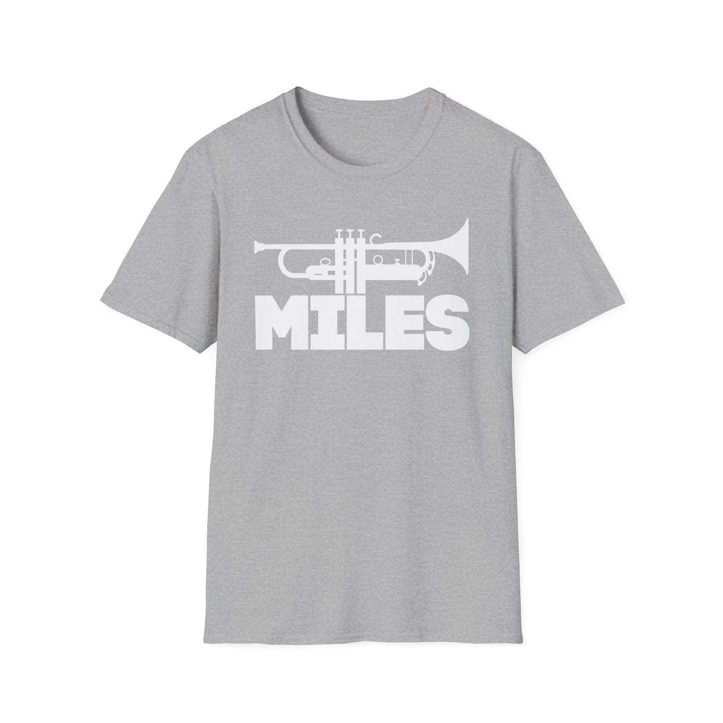 Grey t-shirt with white trumpet silhouette and "MILES" graphic.